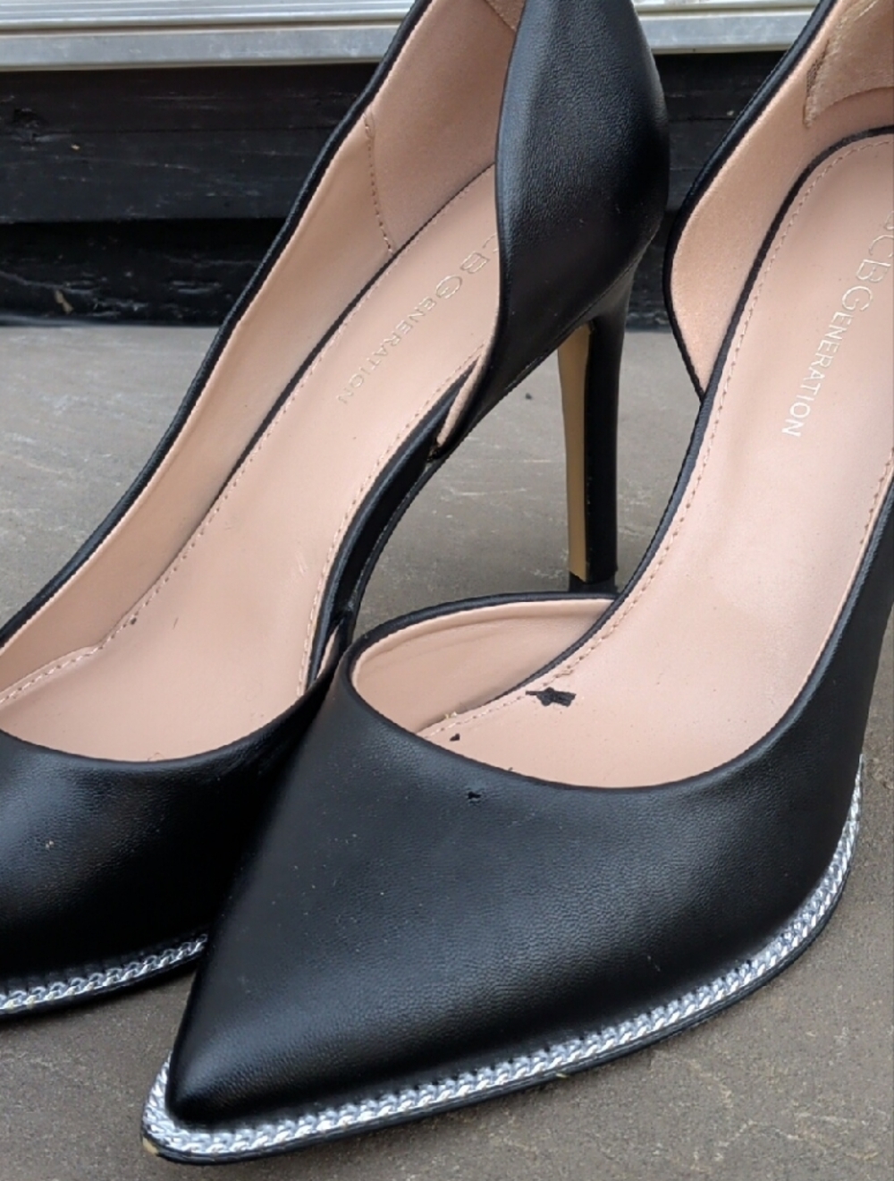 BCBGeneration Black D'Orsay Pointed Toe Pumps with Metallic Trim